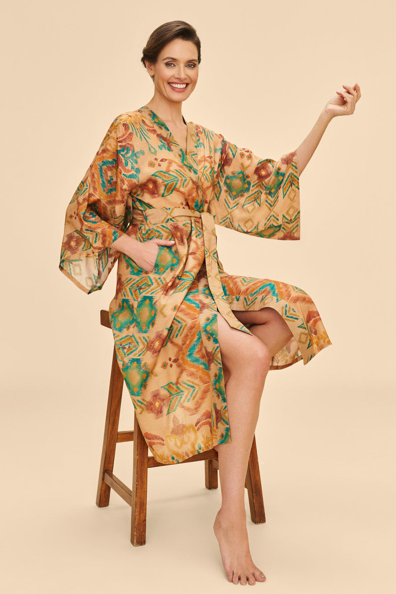 Warm Cream Ikat Kimono Gown