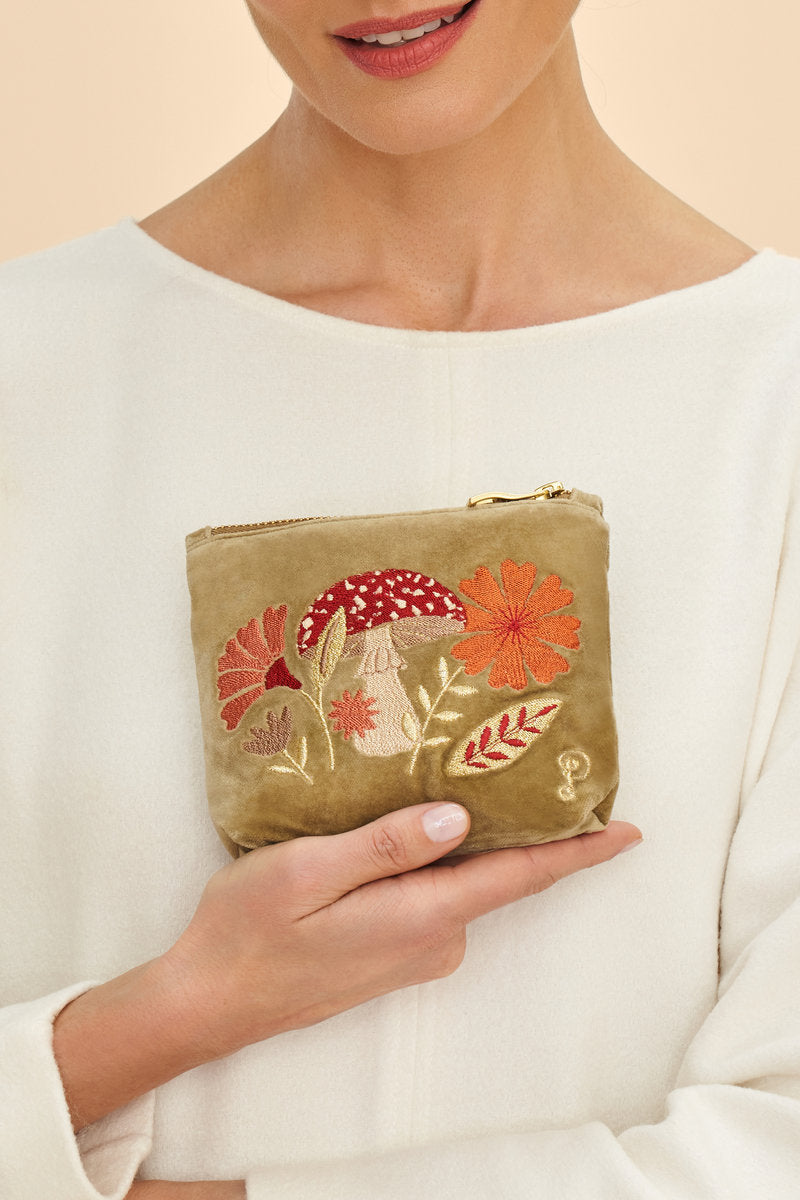 Velvet Embroidered Mini Pouch | Tranquil Toadstool