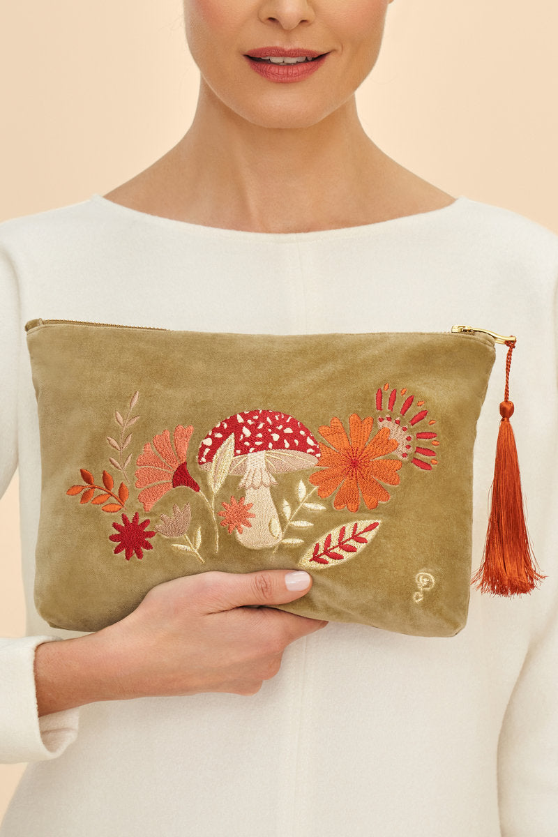 Velvet Embroidered Zip Pouch | Tranquil Toadstool