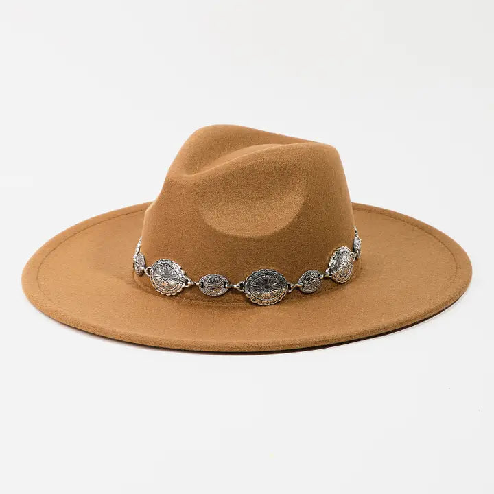 Oval Coin Chain Fedora Hat Brown