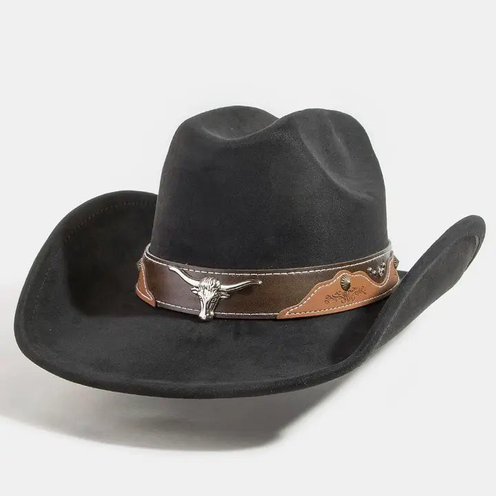 Western Long Horn Leather Strap Cowboy Hat | Black