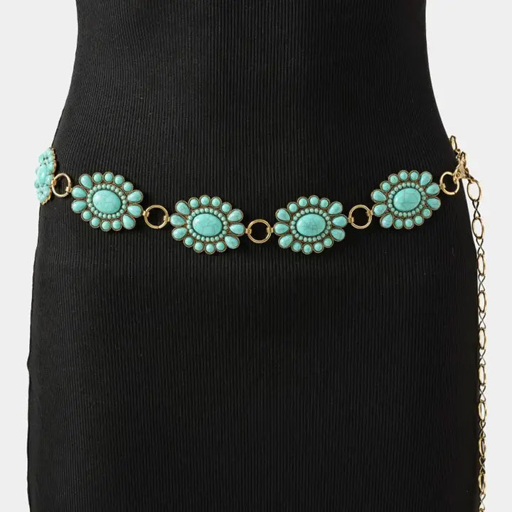 Western Turquoise Stone Bead Concho Disc Chain Belt