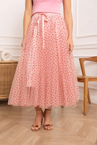 Aria Heart Print Tulle Skirt - Pink