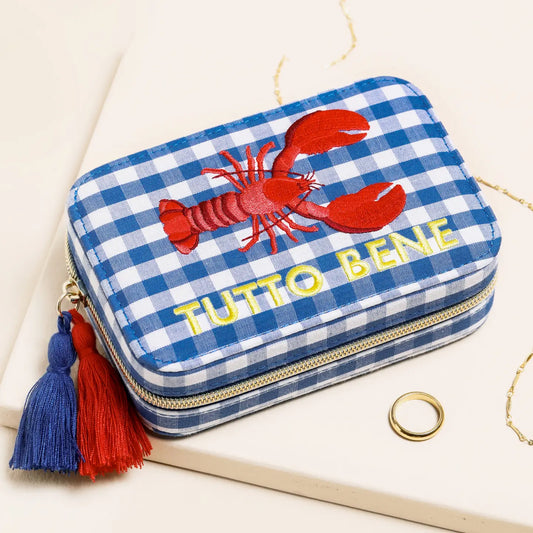 Blue Gingham and Lobster Print Rectangular Travel Jewellery