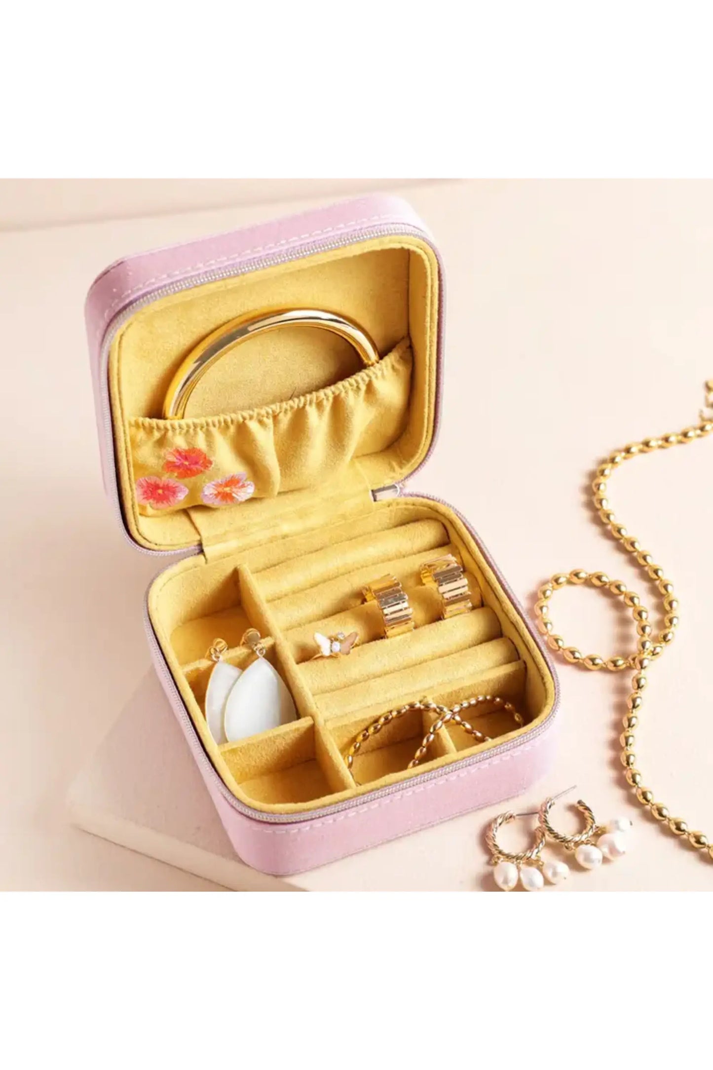 Flower Embroidered Travel Square Jewellery Case