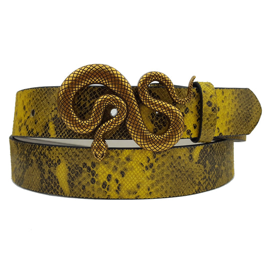 Snake Printed Leather Belt With Snake Buckle