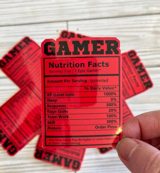 Gamer Nutritional Facts, Vinyl Sticker