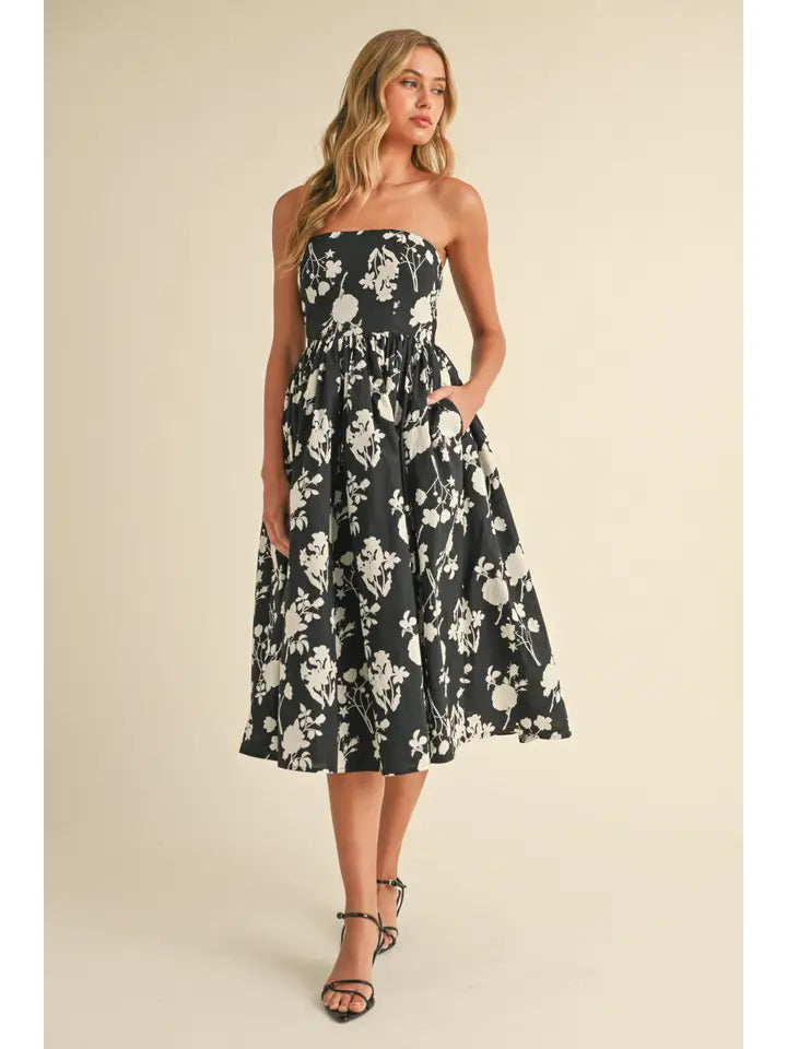 Strapless Flare Midi Dress | Black