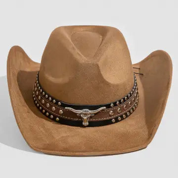 Layered Western Bull Head Strap Cowboy Hat | Brown