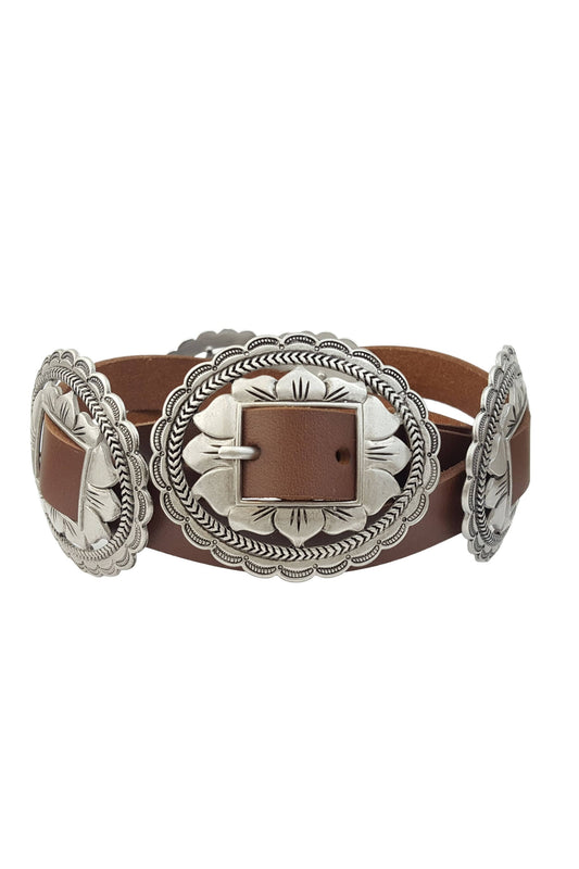 Genuine Brown Leather w. Western Oval Floral Concho Belt