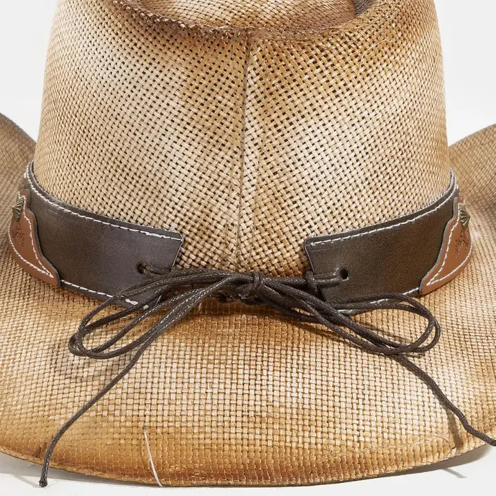Western Long Horn Strap Trim Straw Cowboy Hat | Light Brown