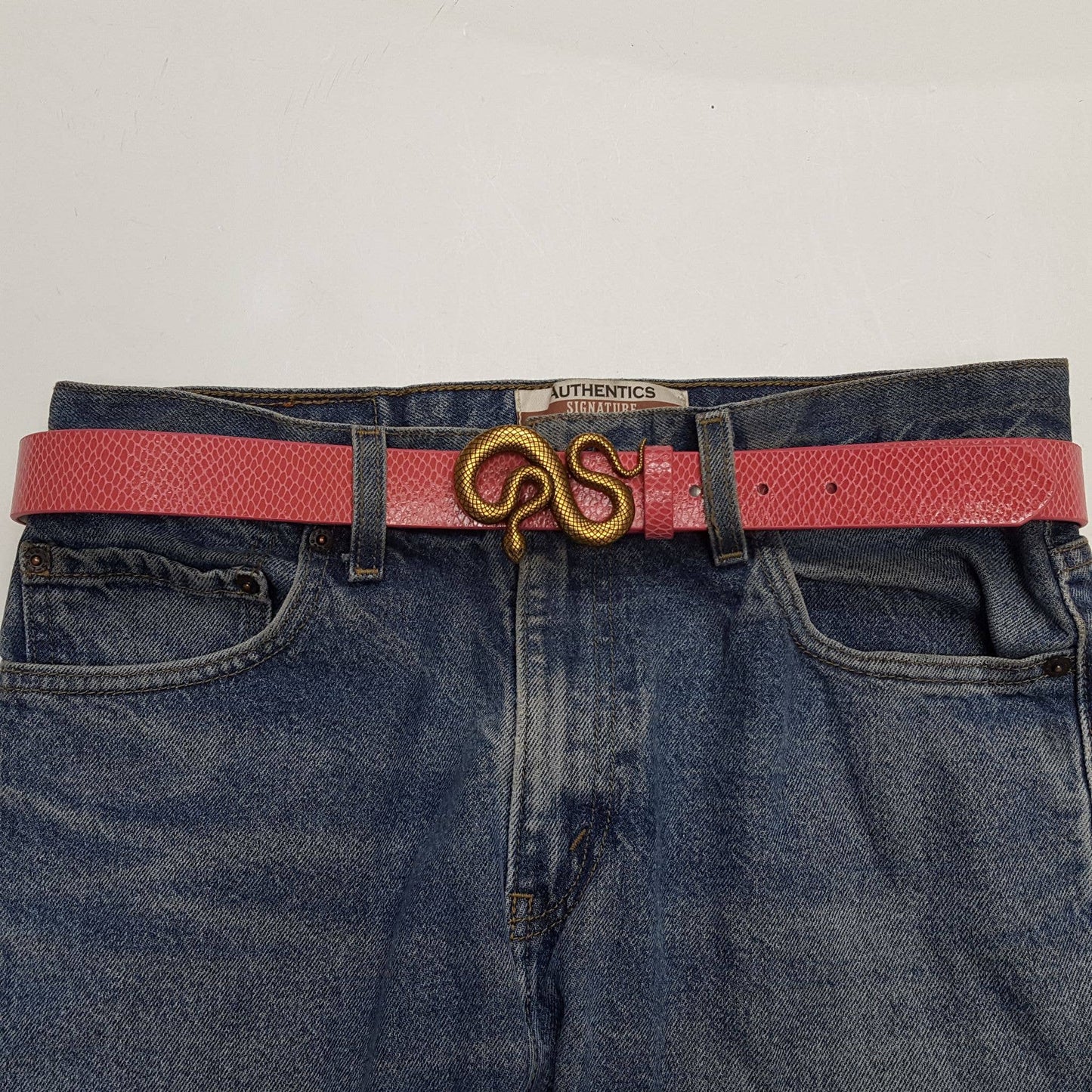 Snake Printed Leather Belt With Snake Buckle