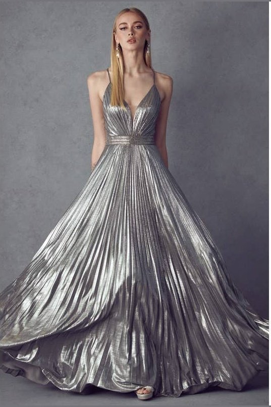 Pleated V-Neck Prom Evening Dress