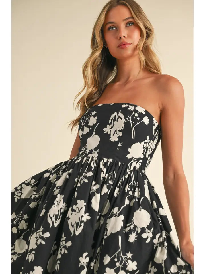 Strapless Flare Midi Dress | Black