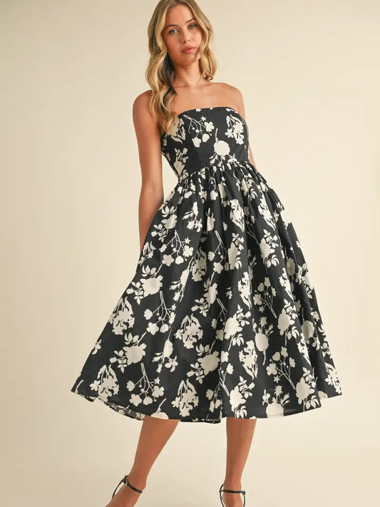 Strapless Flare Midi Dress | Black