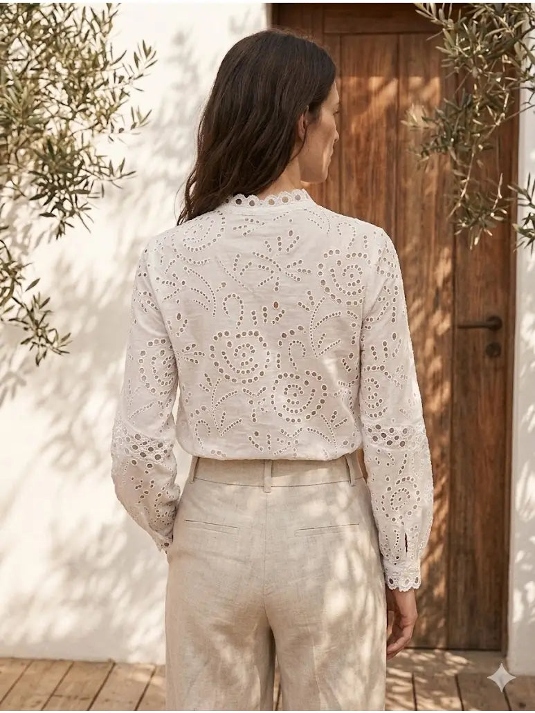 Eyelet Cotton V-Neck Blouse