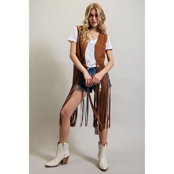 Suede Studded Detail Fringe Hem Vest