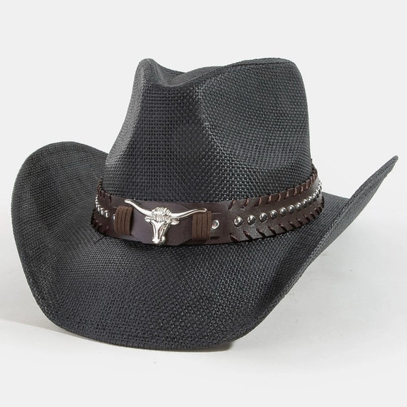 Western Long Horn Belt Strap Straw Cowboy Hat