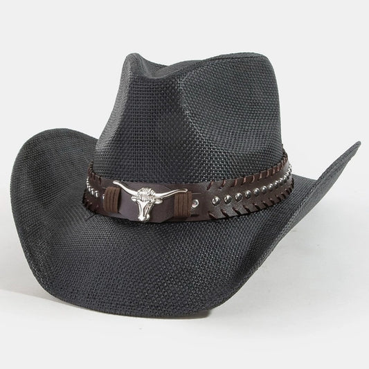 Western Long Horn Belt Strap Straw Cowboy Hat