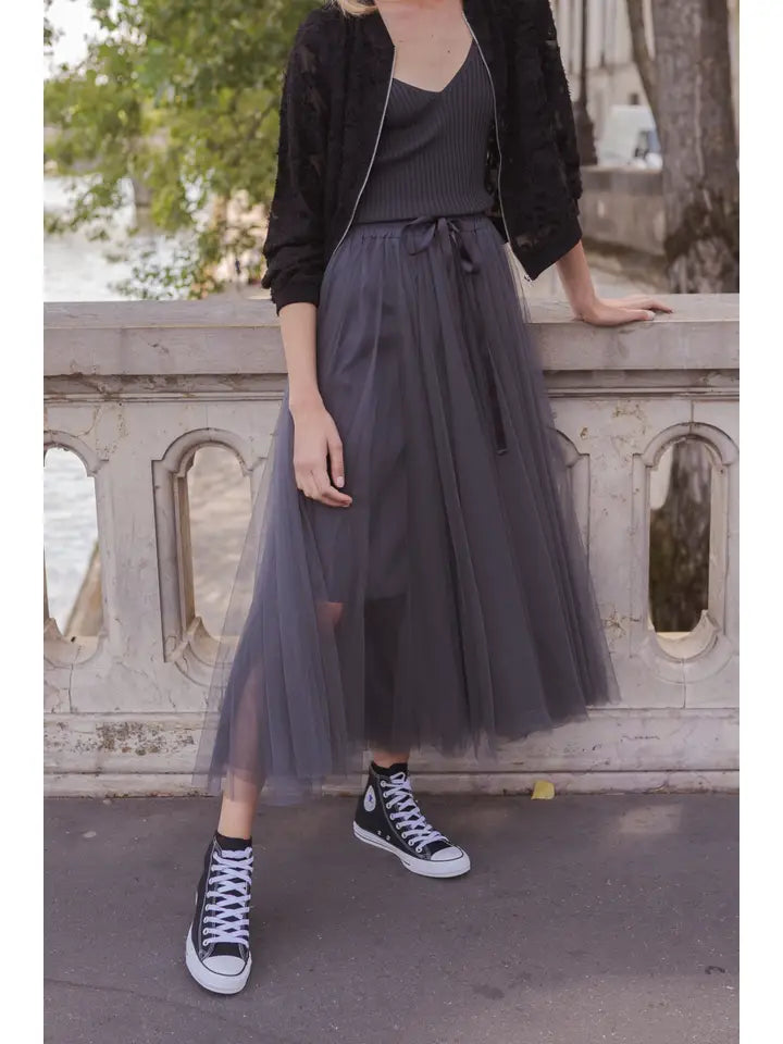 Aria Long Tulle Skirt - Grey