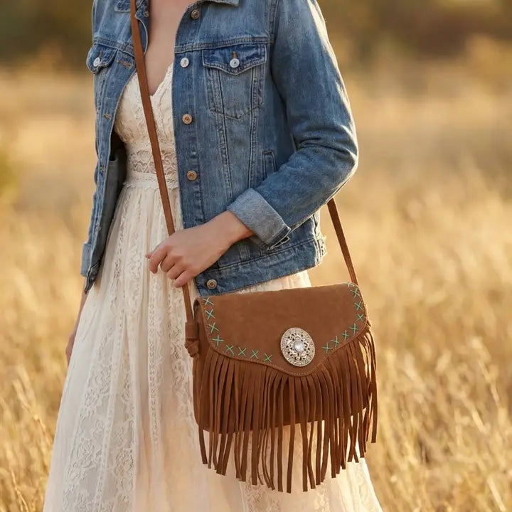 Western Concho Fringe Boho Flap Crossbody Bag