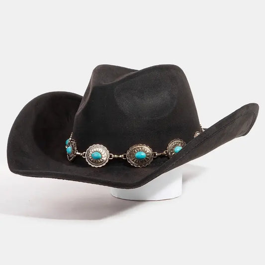 Turquoise Oval Stone Strap Western Cowboy Hat Black
