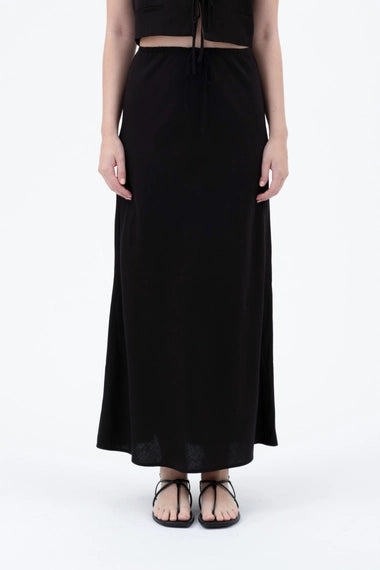 Solid High Waist Front Tie Linen Midi Skirt