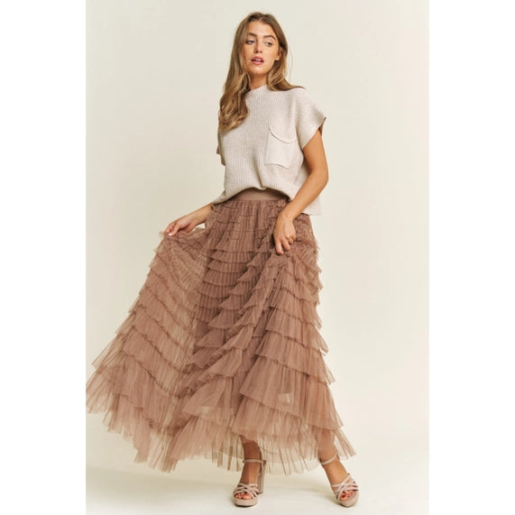 Cascading Tulle Mesh Tiered Maxi Skirt