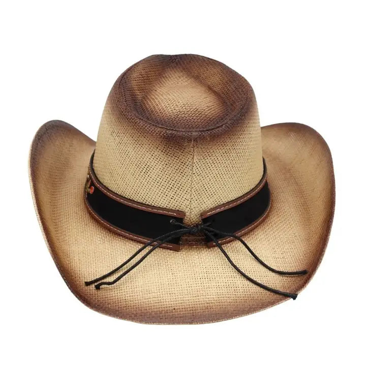 Western Embroidered Strap Washed Straw Cowboy Hat