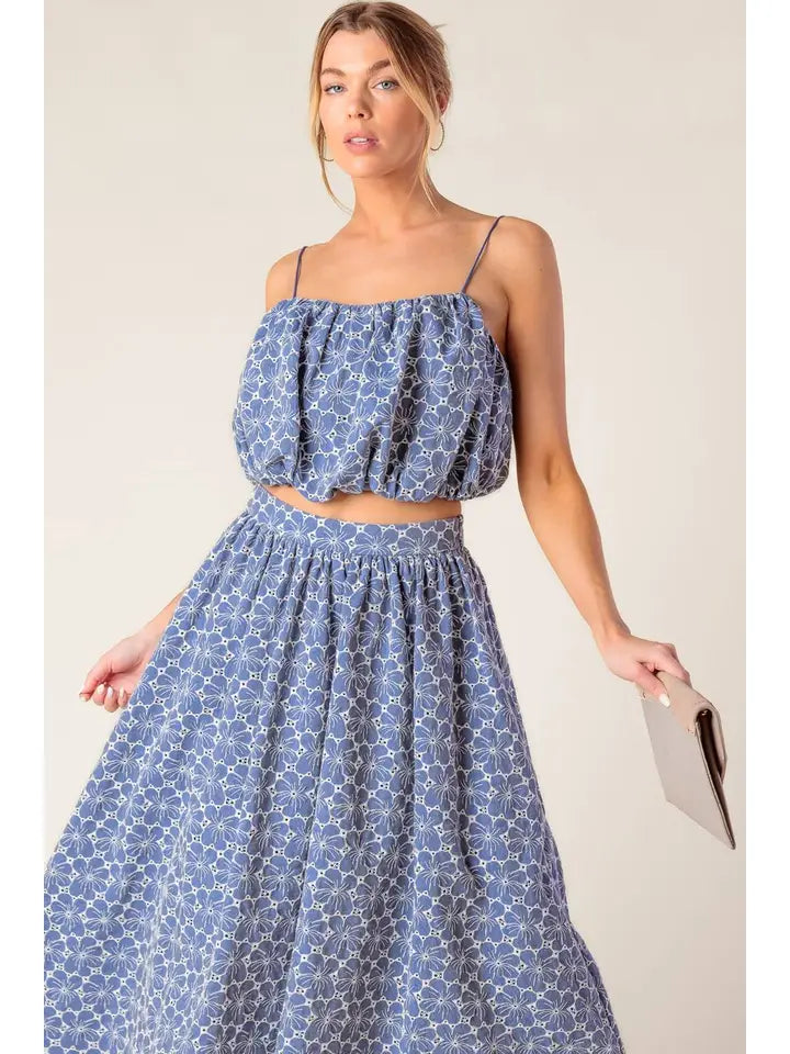 A Woven Eyelet Top and Skirt Set