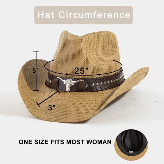 Western Long Horn Belt Strap Straw Cowboy Hat