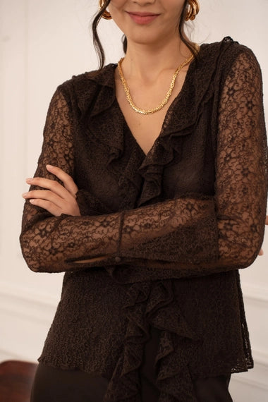 Lace Blouse with Ruffled V-Neck