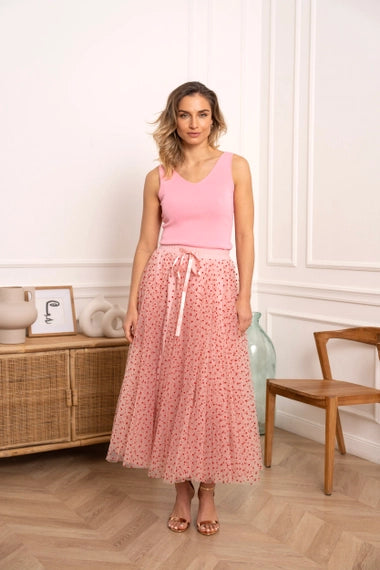 Aria Heart Print Tulle Skirt - Pink