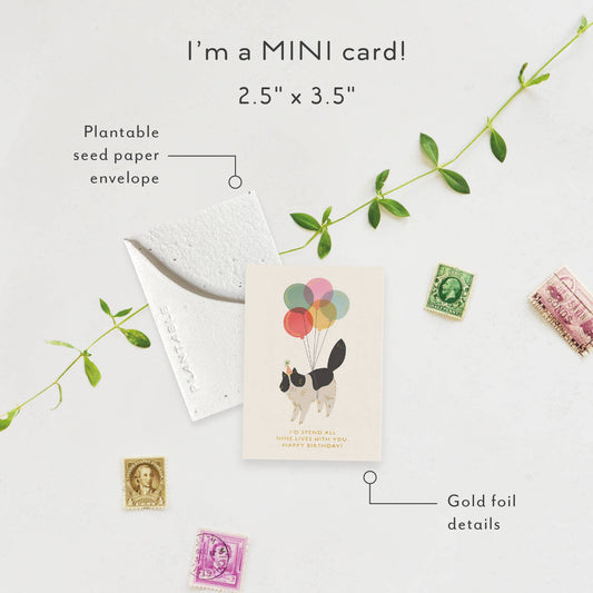 Birthday Kitty Sprout - B'day Mini Greeting Card 2.5" x 3.5"