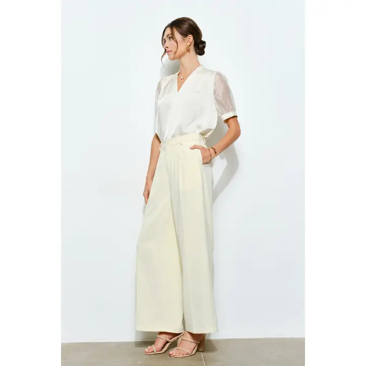 Puff Sleeve Satin V-Neck Blouse