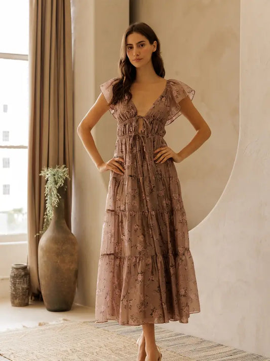 Floral Tie Front Tiered Midi Dress