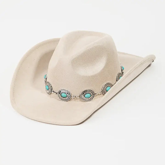 Turquoise Oval Stone Strap Western Cowboy Hat | White
