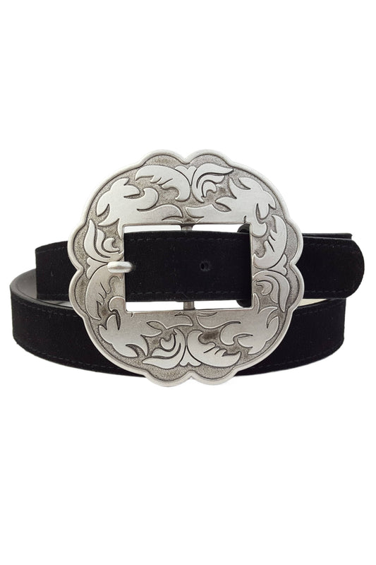 Genuine Suede Leather Belt w. Western Floral Buckle