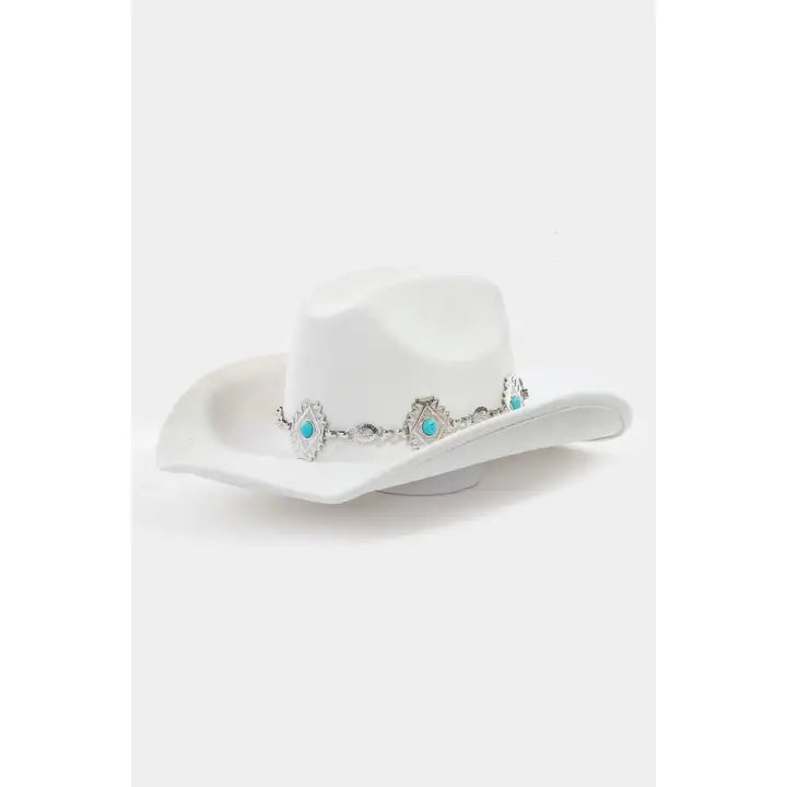 Turquoise Stud Concho Belt Western Cowboy Hat White