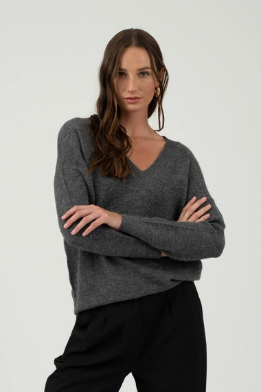 Solid V Neck Drop Shoulder Knit Sweater