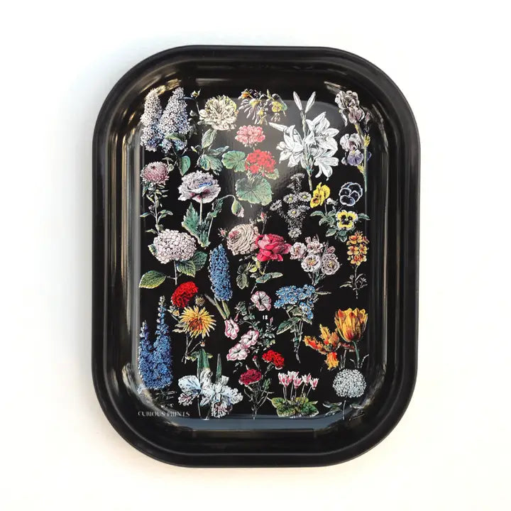Small Metal Black Fleurs Tray / Vintage Flower Floral Dish