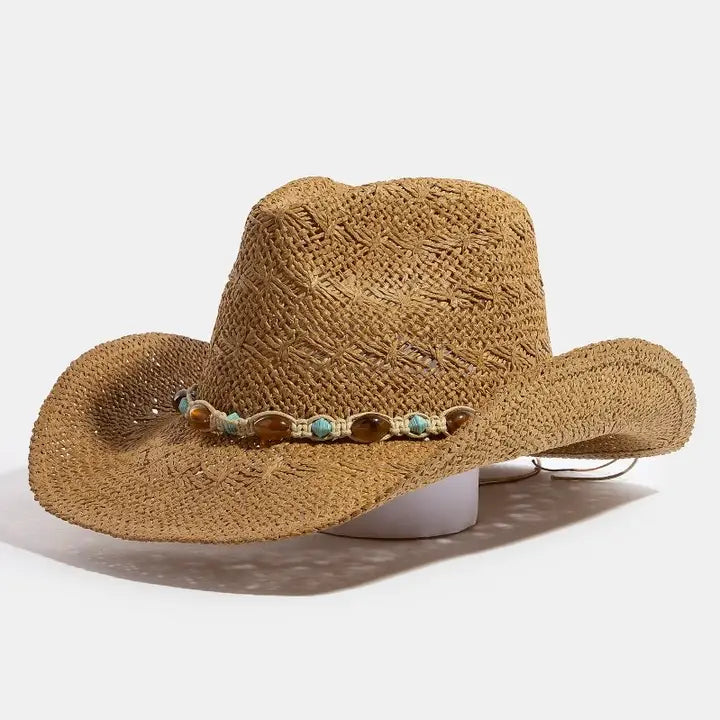 Mixed Beaded and Rope Western Fedora Straw Hat