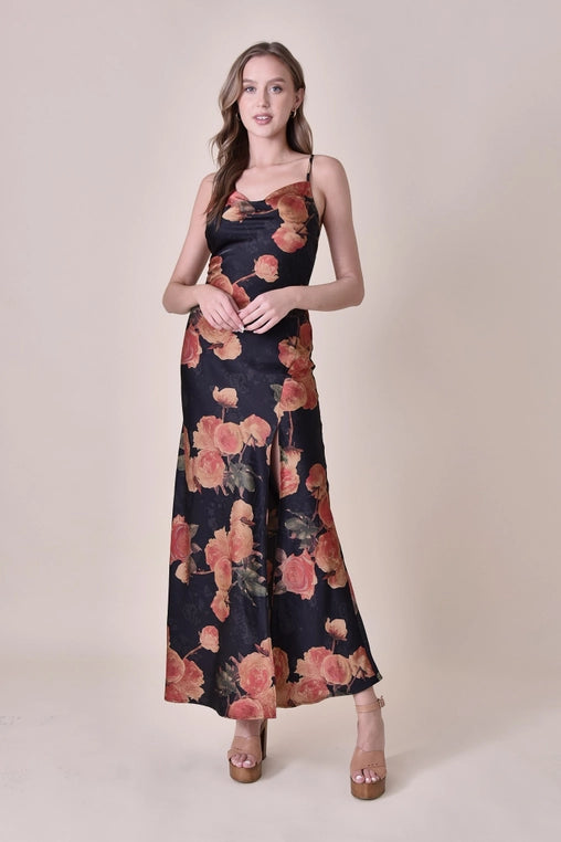 Floral Print Cowl Neck Maxi Dress with Side Slit