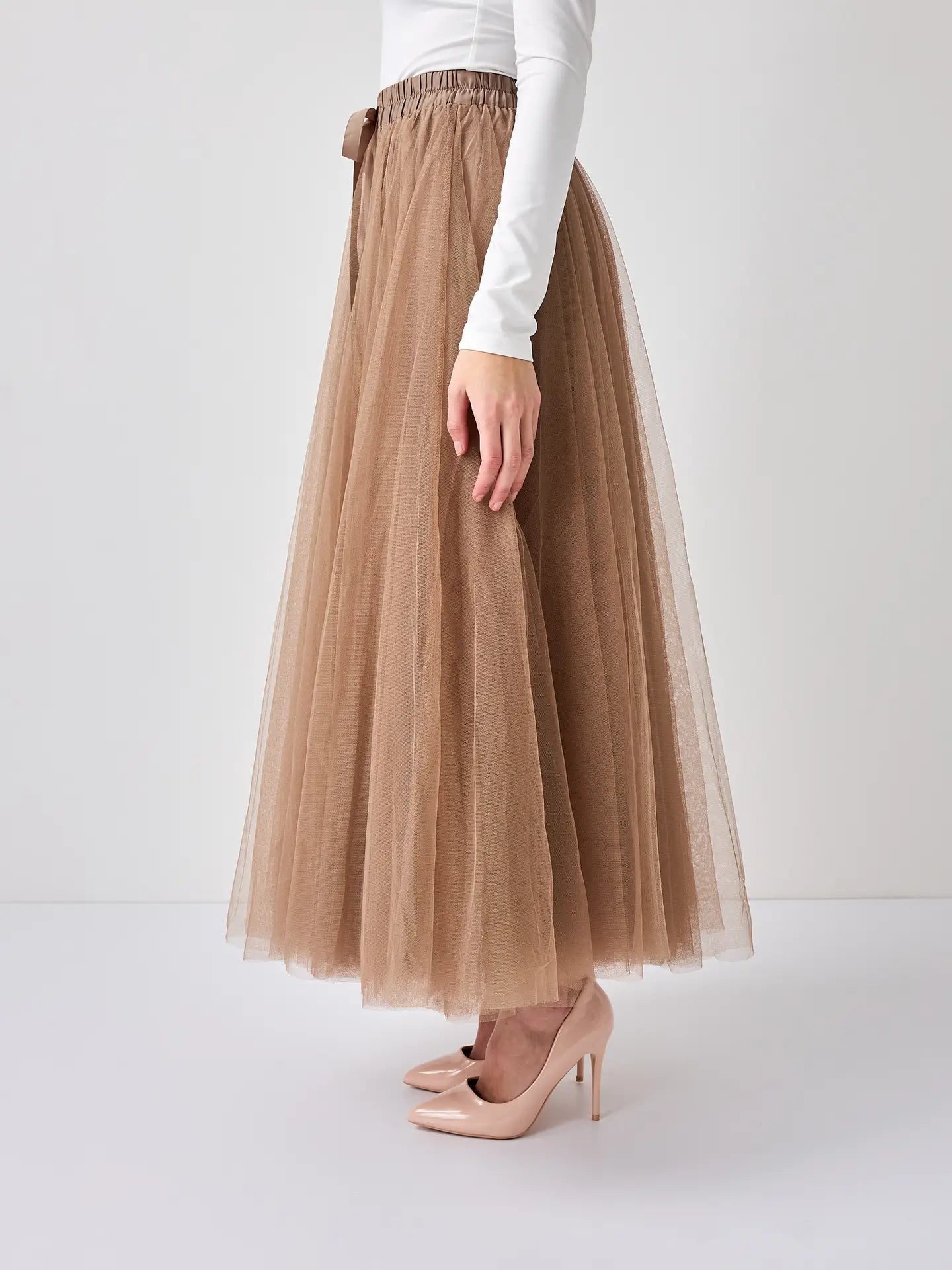 Aria Long Tulle Skirt - Taupe