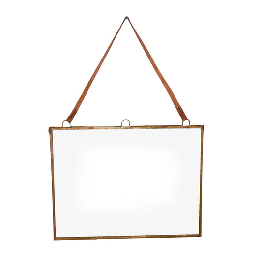 Horizontal Glass Brass hanging Picture Frame w/ Brown Suede