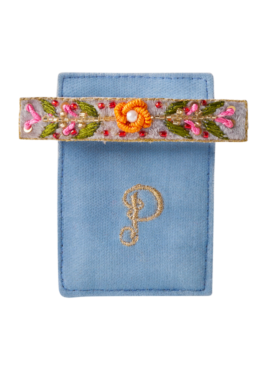 Embroidered Barette - Denim Floral Vine