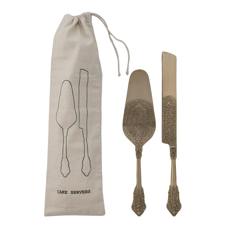 Embossed Brass Cake Servers Set of 2