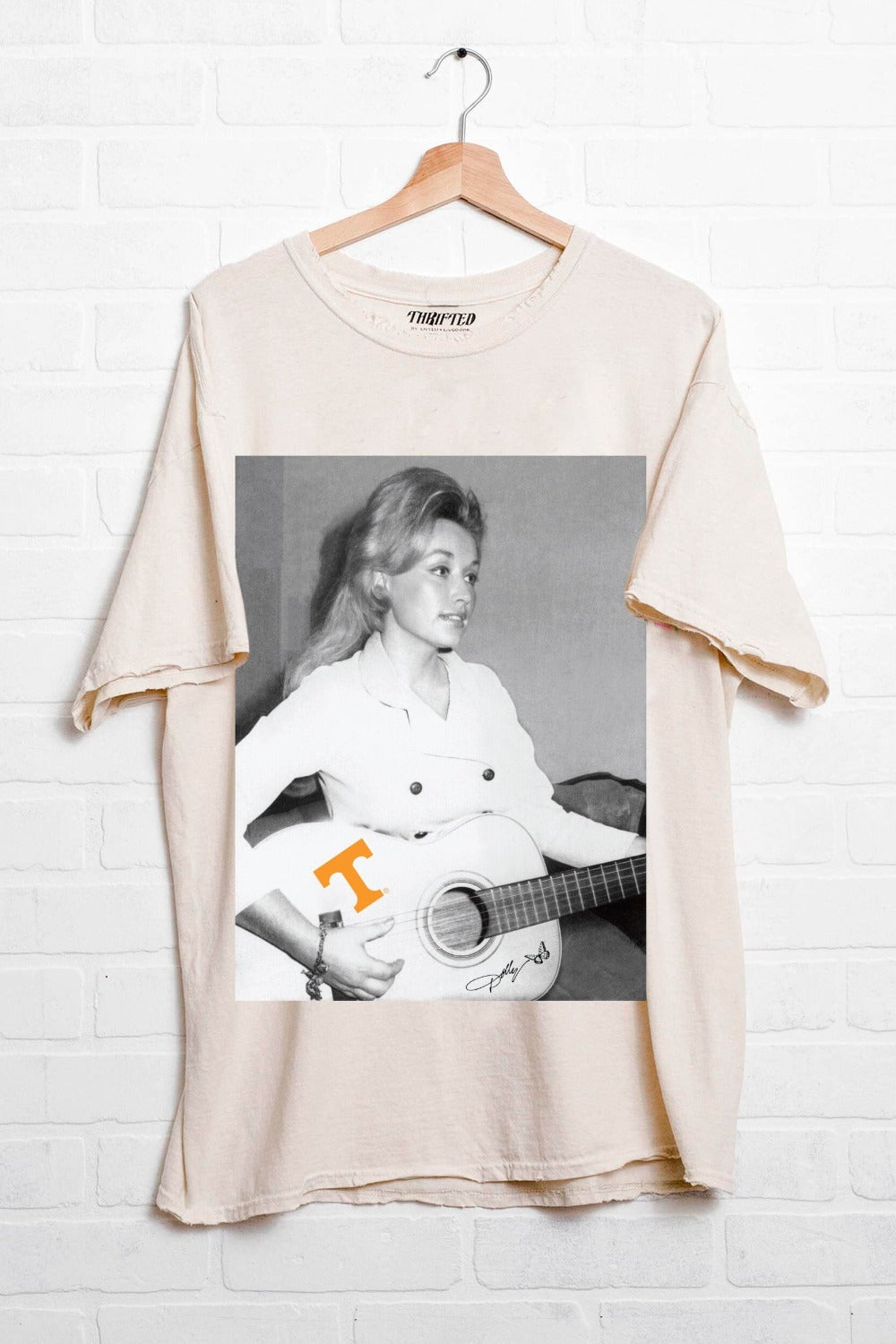 Dolly Parton Tennessee Tattoo Guitar Off White Thrifted Distressed Tee