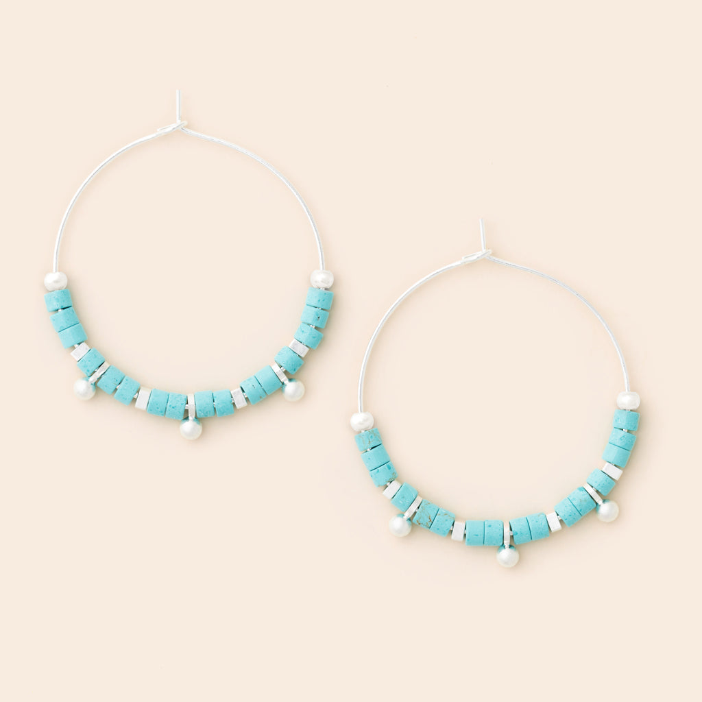 Stone Disc Hoop Earring - Turquoise/Silver