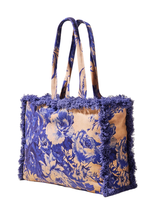 Fringed Box Tote - China Blue Blooms Blue